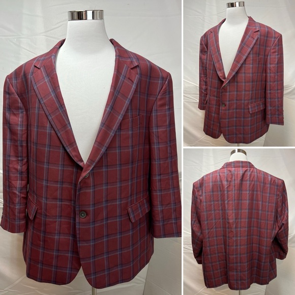 Oak Hill 3XL Men's 56R Red Windowpane Plaid Blue Gray Blazer Jacket Sport Coat - Picture 7 of 7
